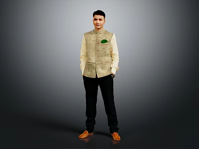 Man Standing In Stylish Outfit With Light Shirt Vest Dark Pants On Grey Background 3d model