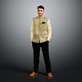 Man Standing In Stylish Outfit With Light Shirt Vest Dark Pants On Grey Background