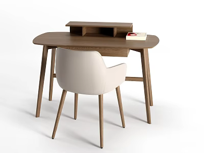 Modern Minimalist Wooden Desk And Chair Set With Oval Top Small Shelf And White Chair 3d model
