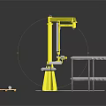 Yellow Robotic Arm System Handling Metal Tubes And Wooden Pallet