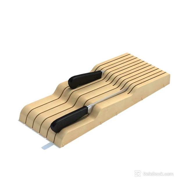 Wooden Kitchen Knife Block With Multiple Slots And Black Handle Knives 3d model 
