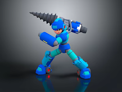 Blue Armored Robot Game Character in Dynamic Battle Stance with Drill Weapon 3d model