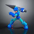 Blue Armored Robot Game Character in Dynamic Battle Stance with Drill Weapon