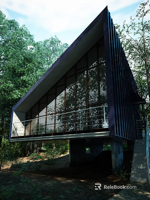 Modern Detached Villa With Large Glass Windows Sloped Roof And Green Tree Surroundings 3d model 