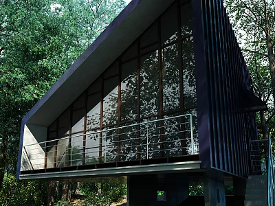 Modern Detached Villa With Large Glass Windows Sloped Roof And Green Tree Surroundings 3d model
