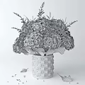White Hydrangea Flowers In Glass Vase With Polka Dots And Green Leaves