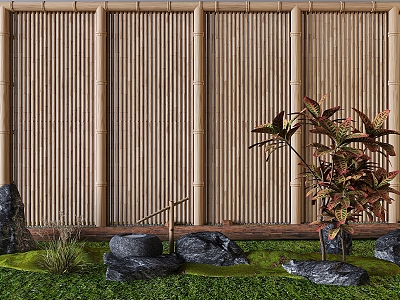 Bamboo fence bamboo fence partition plant stone landscaping courtyard sketch Ting step model