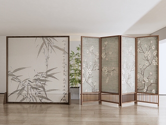 New Chinese Style Screen Zen Bamboo Flower and Bird Partition Screen 3d model