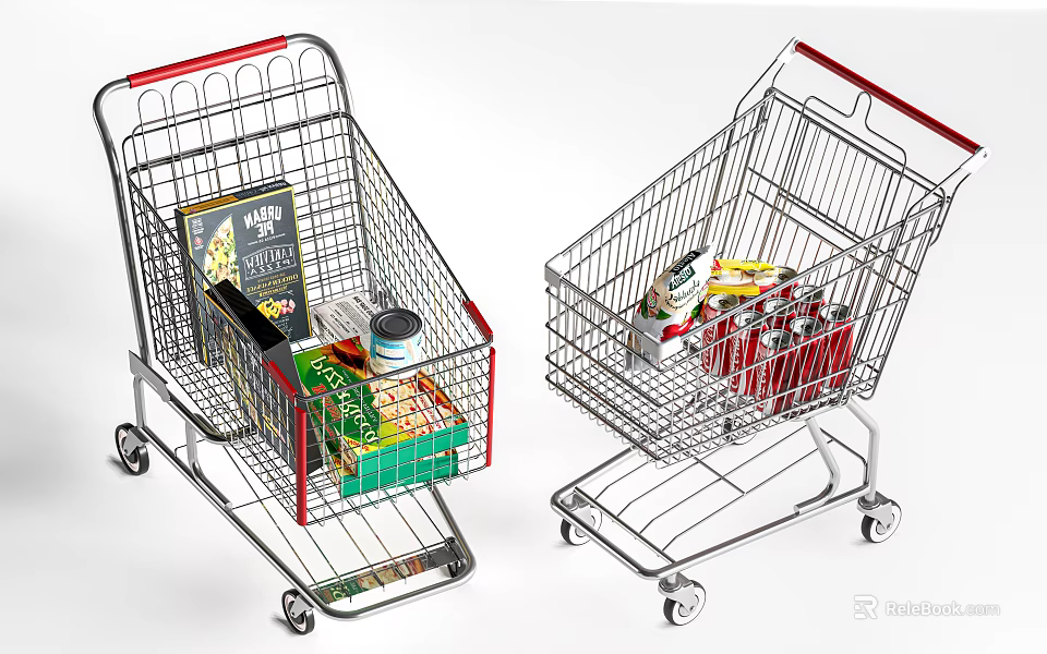 Public Facility Shopping Carts Loaded With Various Grocery Items And Goods 3d model 
