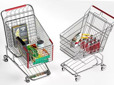 Public Facility Shopping Carts Loaded With Various Grocery Items And Goods 3d model