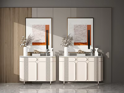 Modern Elegant Twin Sideboards With Mirrors Vases And Artwork On Wooden Grey Wall 3d model