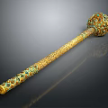 Ancient Golden Weapon with Long Intricate Handle and Spherical Head Inlaid Blue Green Gemstones