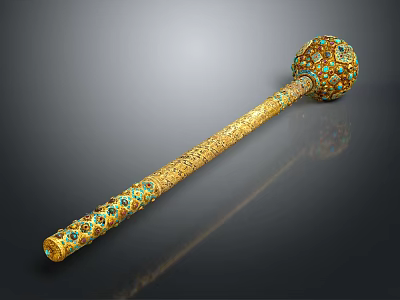 Ancient Golden Weapon with Long Intricate Handle and Spherical Head Inlaid Blue Green Gemstones 3d model