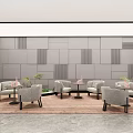Cozy Casual Lounge Area With Gray Armchairs Round Tables Green Plants And Wooden Details