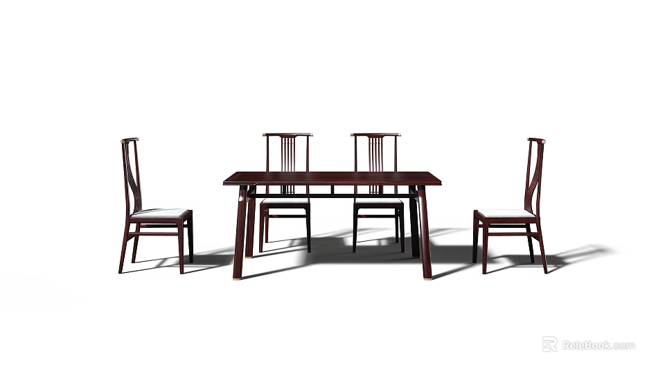 Wooden Dining Table Set With Four High Backrest Chairs And Solid Wood Structure 3d model