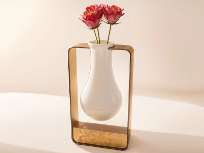 Decorative Ornament Set With White Vase Gold Frame Base And Red Flowers 3d model