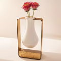 Decorative Ornament Set With White Vase Gold Frame Base And Red Flowers
