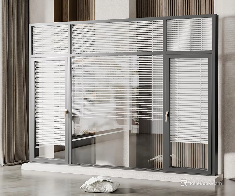 Floor to Ceiling Glass Windows with Gray Frames and Blinds 3d model 
