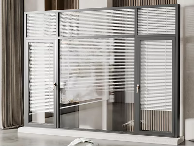 Floor to Ceiling Glass Windows with Gray Frames and Blinds 3d model