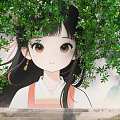 Floral Installation Design With Green Vines And Traditional Style Girl On Mural Wall