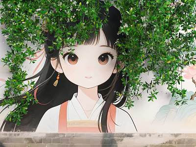 Floral Installation Design With Green Vines And Traditional Style Girl On Mural Wall 3d model