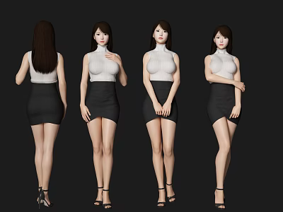 Woman in White Turtleneck Top and Black Short Skirt with High Heels from Different Angles 3d model