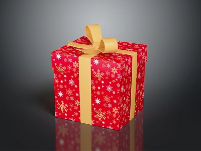 Red Gift Box With White Snowflake Patterns Yellow Ribbon Bow On Black Background With Reflection 3d model