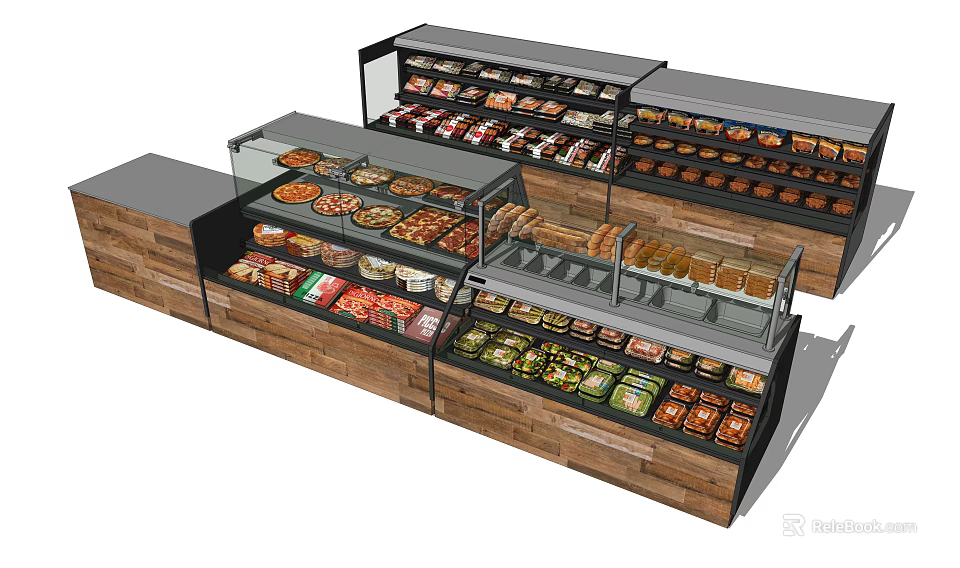Modern Retail Display Shelves with Glass Doors Wooden Frames and Multiple Food Layers 3d model 