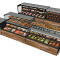 Modern Retail Display Shelves with Glass Doors Wooden Frames and Multiple Food Layers