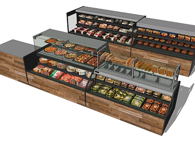 Modern Retail Display Shelves with Glass Doors Wooden Frames and Multiple Food Layers 3d model
