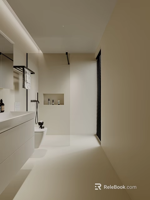 Minimalist Modern Bathroom Interior With White Vanity Wall Mounted Shelf Toiletries Beige Walls And Black Accents 3d model 