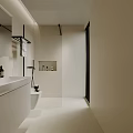 Minimalist Modern Bathroom Interior With White Vanity Wall Mounted Shelf Toiletries Beige Walls And Black Accents