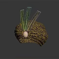 Ornate Decorative Hat With Green Feathers Gold Patterns And Central Pink Gemstone