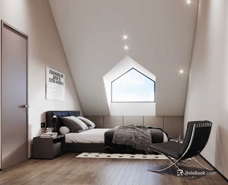 Modern Loft Bedroom Interior With Sloped Window Bed Nightstand Wall Art And Accent Chair 3d model 