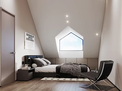 Modern Loft Bedroom Interior With Sloped Window Bed Nightstand Wall Art And Accent Chair 3d model