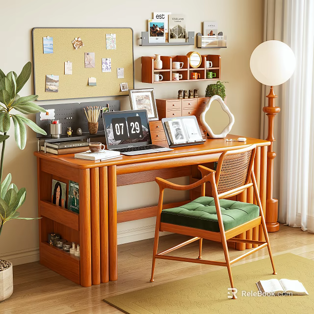 Wooden Study Desk with Laptop Photo Frames Corkboard Floor Lamp and Green Cushion Chair 3d model 