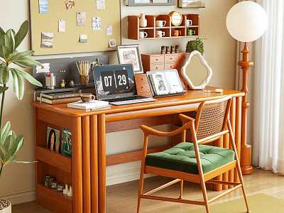 Wooden Study Desk with Laptop Photo Frames Corkboard Floor Lamp and Green Cushion Chair 3d model