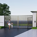 Automatic Metal Entrance Gate With Pillars And Building Against Blue Sky And Grass