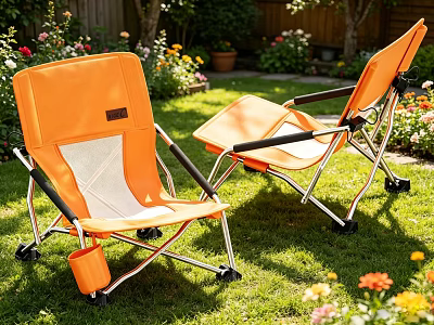 Orange Outdoor Lawn Chairs in Garden with Grass Foldable Metal Frame and Cup Holder 3d model
