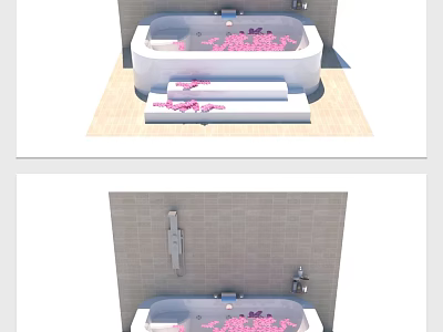 Bathroom Interior With White Bathtub Floating Pink Petals Staircase Steps And Tile Wall 3d model