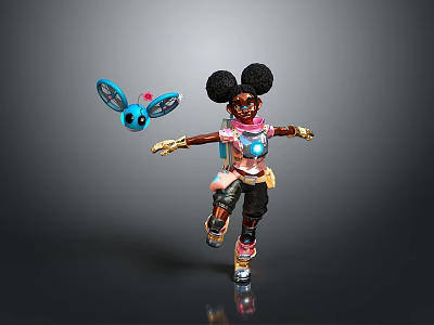 Curly Black Haired Character In Colorful Outfit With Blue Winged Creature And Big Eyes 3d model