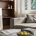 Modern Living Room With Grey Sofa Wooden Bookshelf Striped Rug And Large Window Green Plants