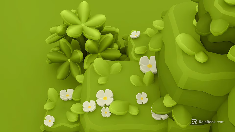 Cartoon Natural Scene With Green Leaves White Flowers And Low Poly Style 3d model 
