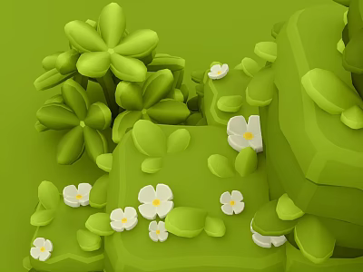 Cartoon Natural Scene With Green Leaves White Flowers And Low Poly Style 3d model