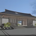 Chinese Style Residential Building With Traditional Roof Entrance And Green Plants Courtyard