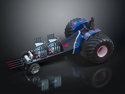 Monster Truck Model With Large Off Road Tires Blue Red Decorations And Exposed Engine Parts 3d model