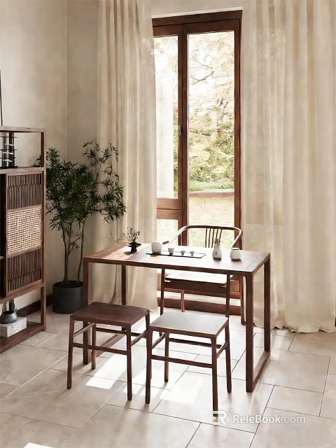 Serene Traditional Tea Room With Wooden Table Chairs Screen And Green Plant View 3d model 