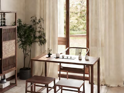 Serene Traditional Tea Room With Wooden Table Chairs Screen And Green Plant View 3d model