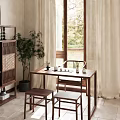 Serene Traditional Tea Room With Wooden Table Chairs Screen And Green Plant View
