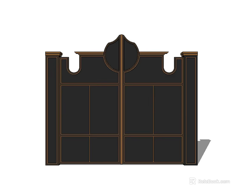 Classic Black And Gold Entrance Gate With Double Door Ornate Top And Side Pillars 3d model 